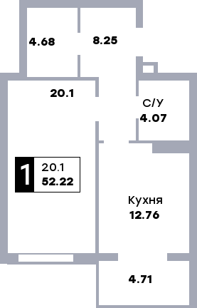 1 комнатная квартира, №218, этаж 3