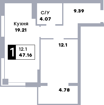 1 комнатная квартира, №231, этаж 4