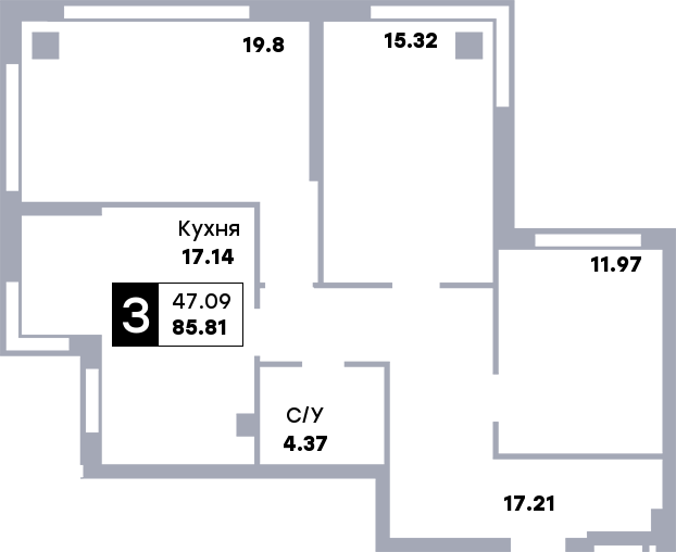 3 комнатная квартира, №7, этаж 1