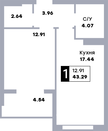 1 комнатная квартира, №26, этаж 4