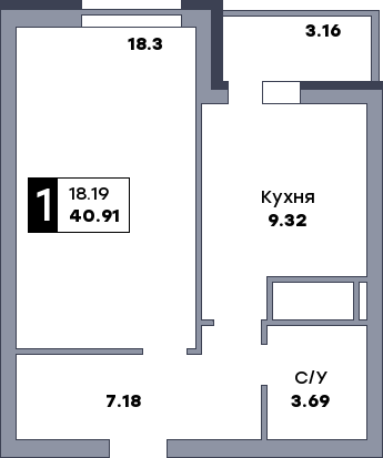 1 комнатная квартира, №23, этаж 4