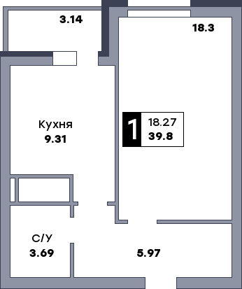 1 комнатная квартира, №96, этаж 12