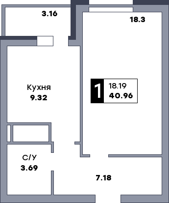 1 комнатная квартира, №221, этаж 4