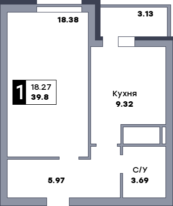 1 комнатная квартира, №355, этаж 19