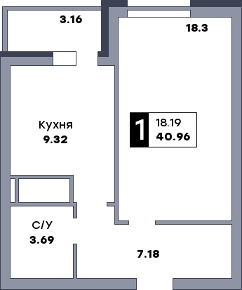 1 комнатная квартира, №365, этаж 20