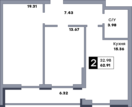 2 комнатная квартира, №221, этаж 24