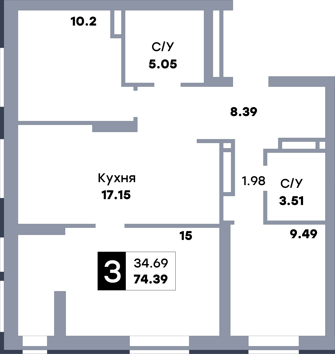 3 комнатная квартира, №112, этаж 12