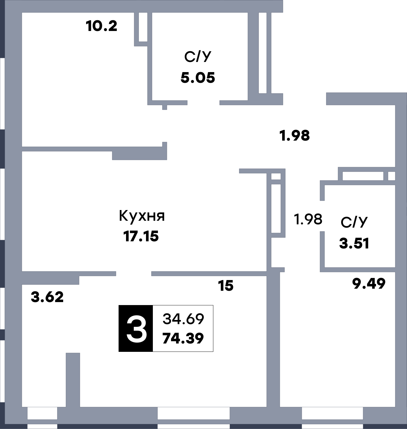 3 комнатная квартира, №134, этаж 14