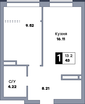 1 комнатная квартира, №413, этаж 18