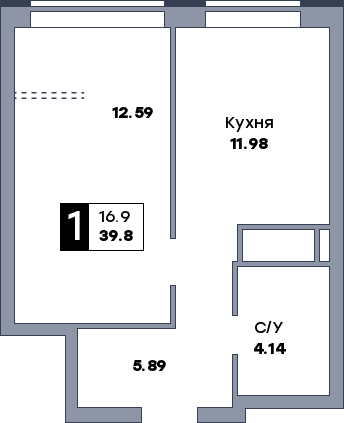 1 комнатная квартира, №414, этаж 18