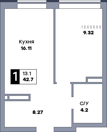 1 комнатная квартира, №423, этаж 19