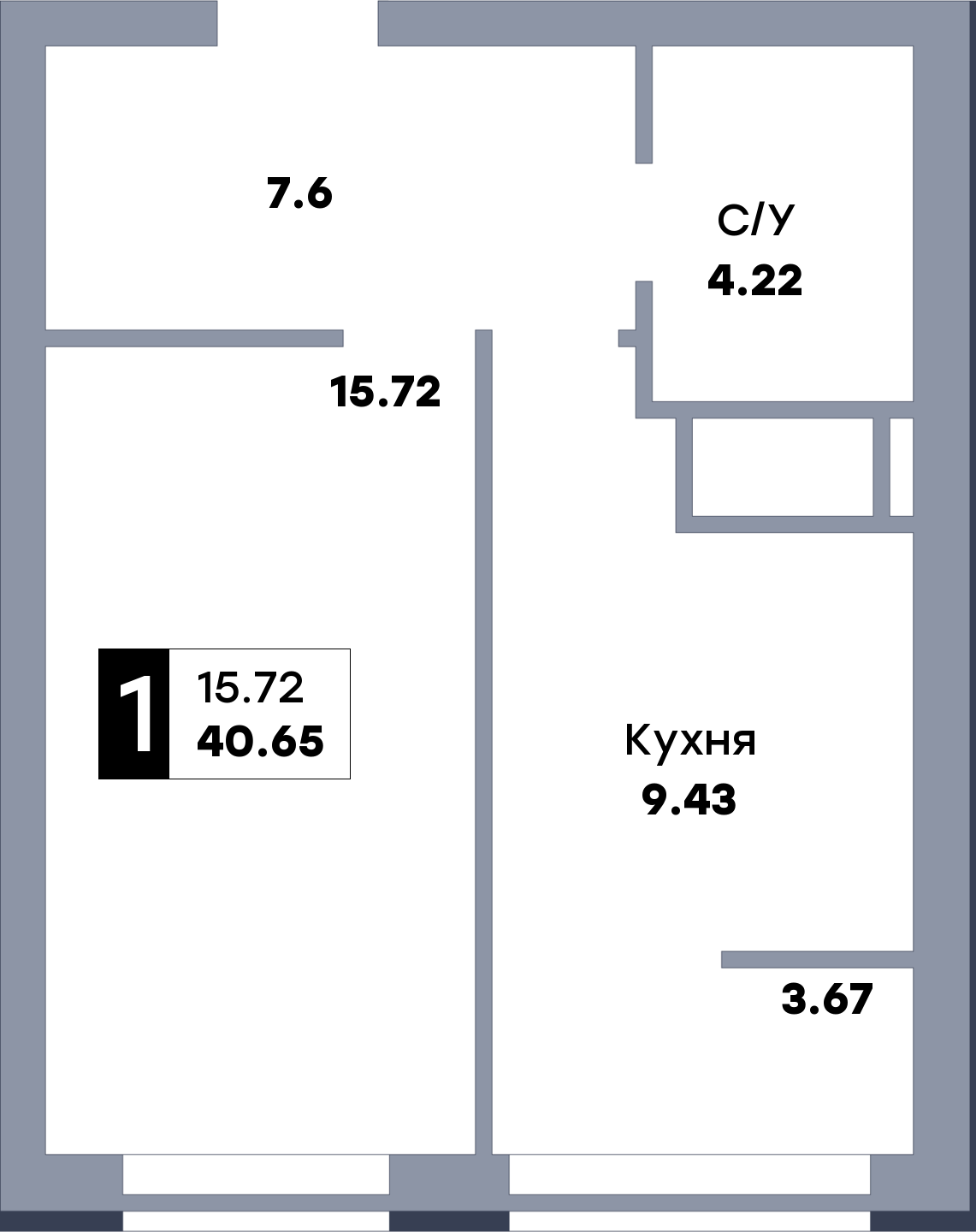 1 комнатная квартира, №127, этаж 12