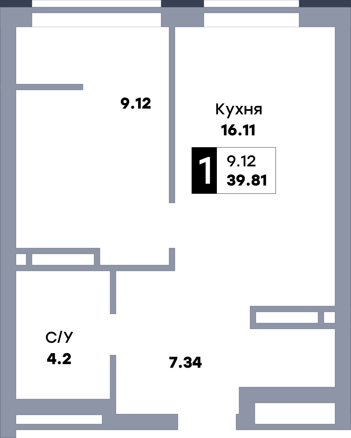 1 комнатная квартира, №261, этаж 3