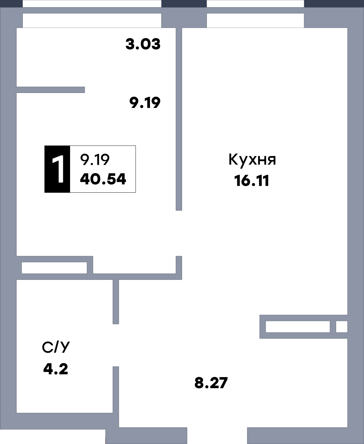 1 комнатная квартира, №330, этаж 9