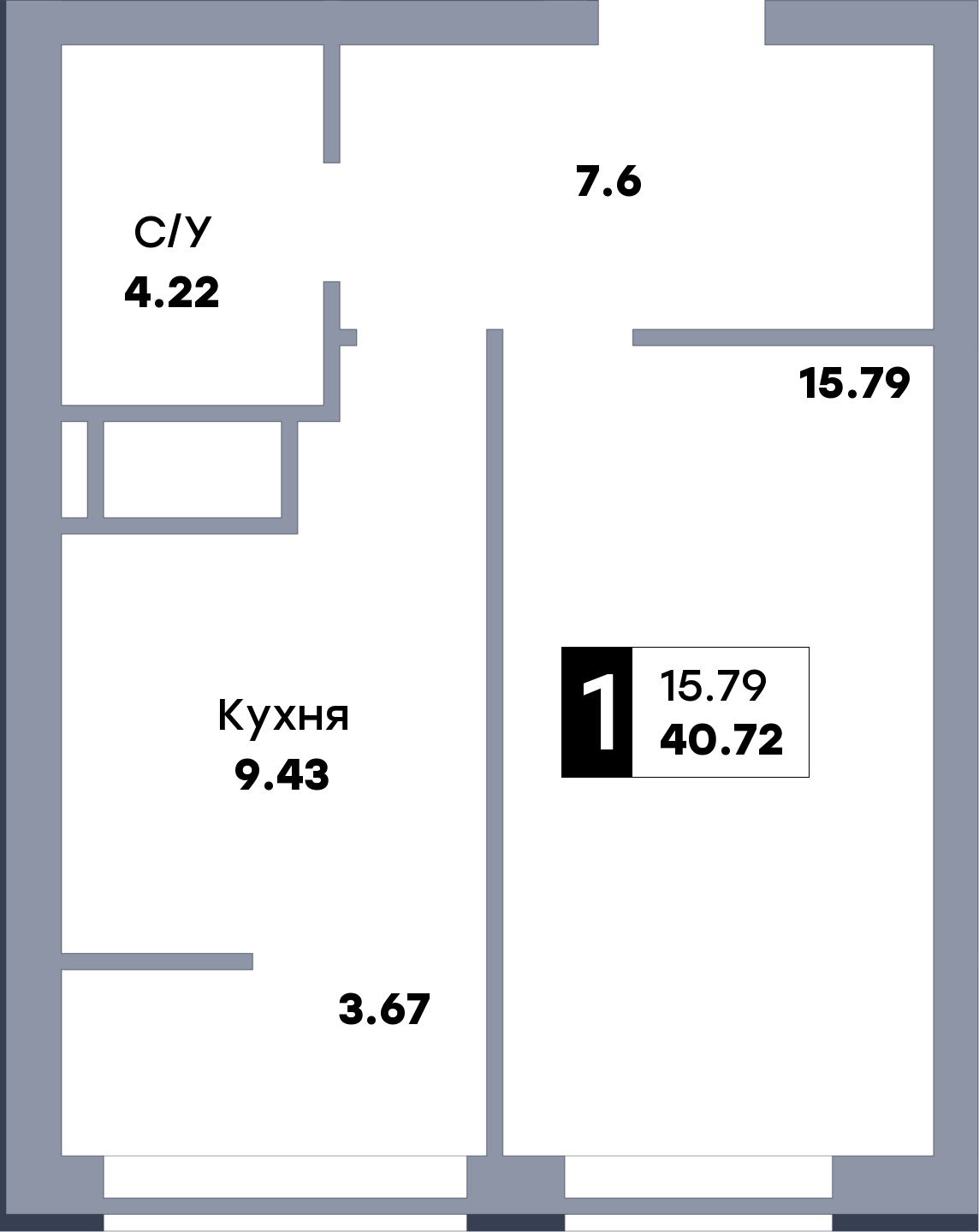 1 комнатная квартира, №402, этаж 16