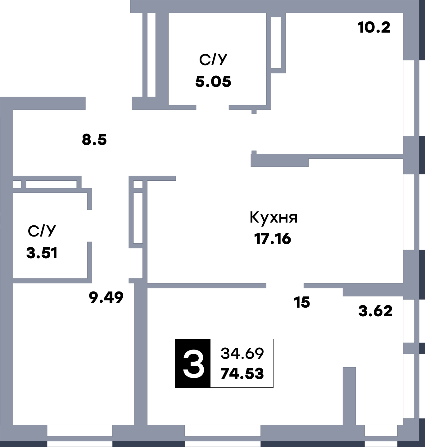 ЖК «Зеленый квартал», Дом 2, секция 3, 3 комнатная квартира- 74.53 м2, 2  этаж, купить в компании Новый Дон