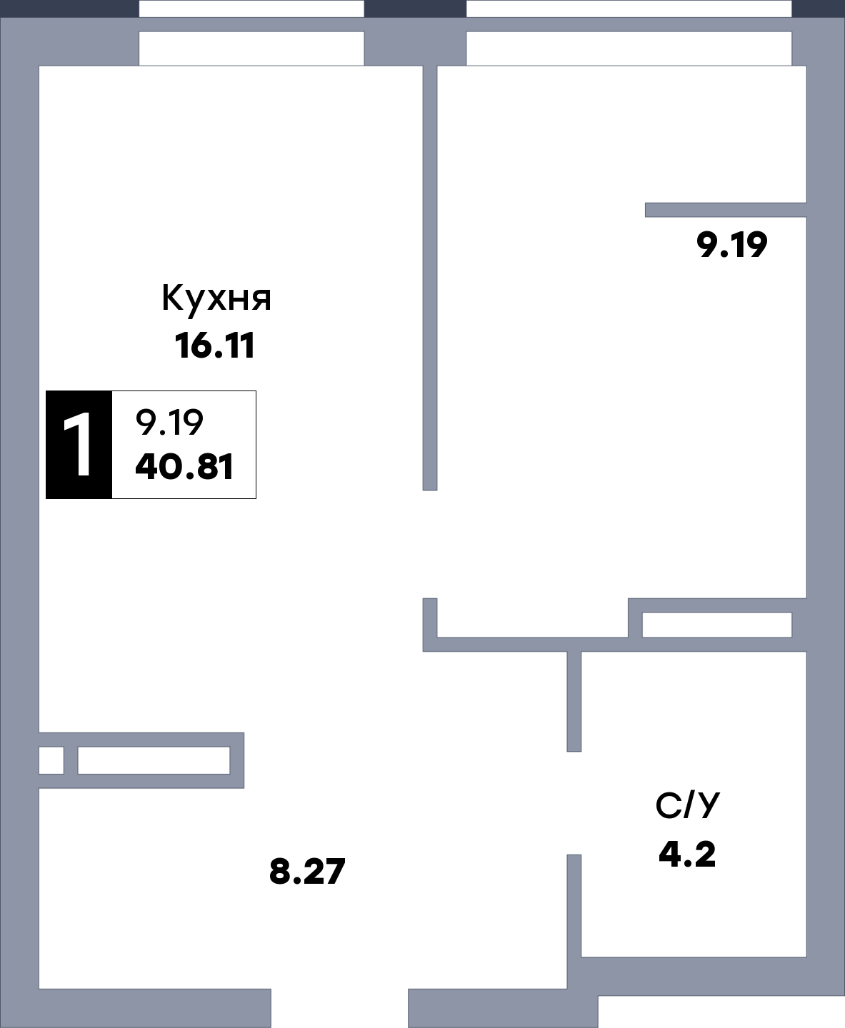1 комнатная квартира, №677, этаж 19