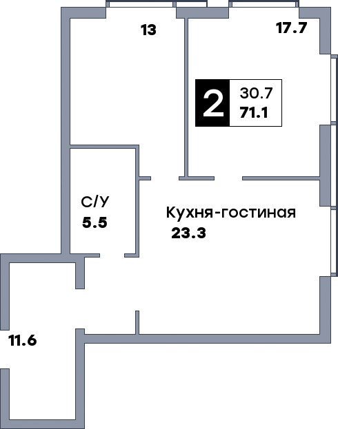 1 комнатная квартира, №51, этаж 7