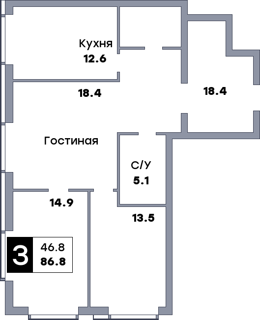 3 комнатная квартира, №101, этаж 11