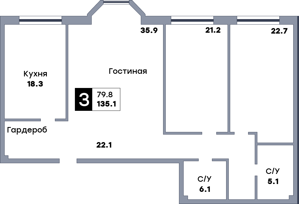 3 комнатная квартира, №237, этаж 12