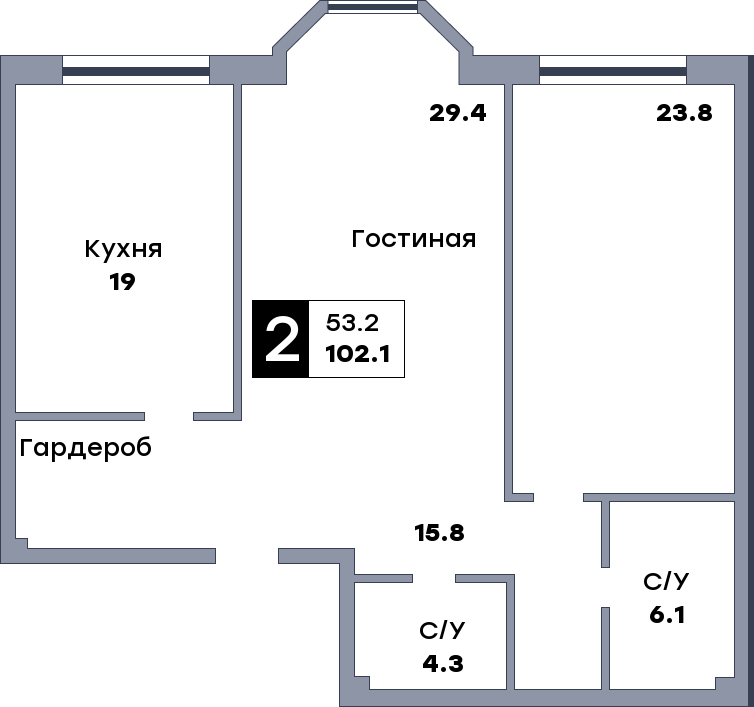 2 комнатная квартира, №411, этаж 19