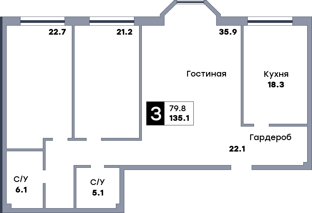 3 комнатная квартира, №416, этаж 19