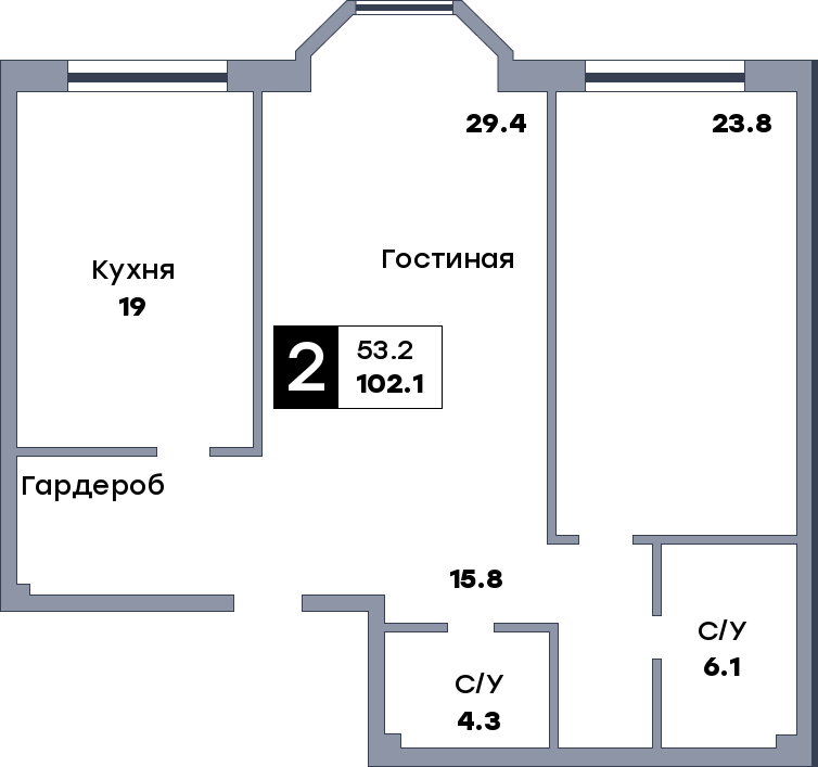 2 комнатная квартира, №423, этаж 21