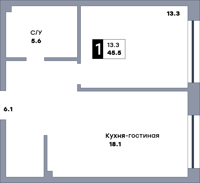 1 комнатная квартира, №539