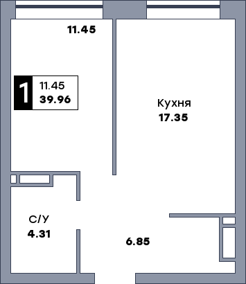 1 комнатная квартира, №86, этаж 2