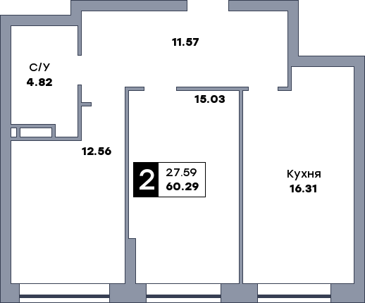 2 комнатная квартира, №91, этаж 3