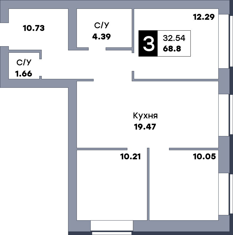 3 комнатная квартира, №13, этаж 2