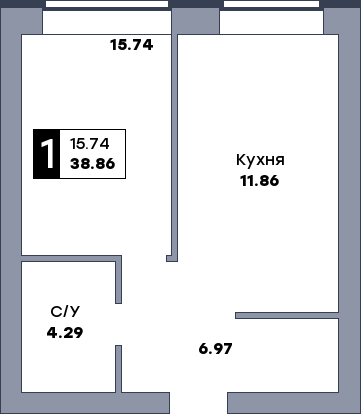 1 комнатная квартира, №109, этаж 2