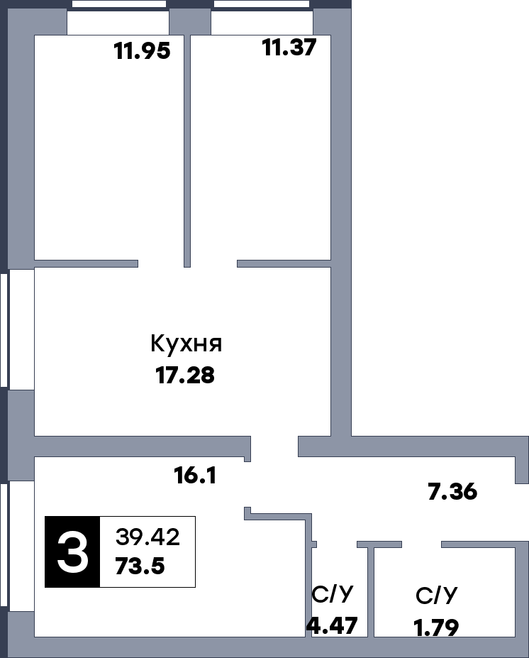 3 комнатная квартира, №10, этаж 3