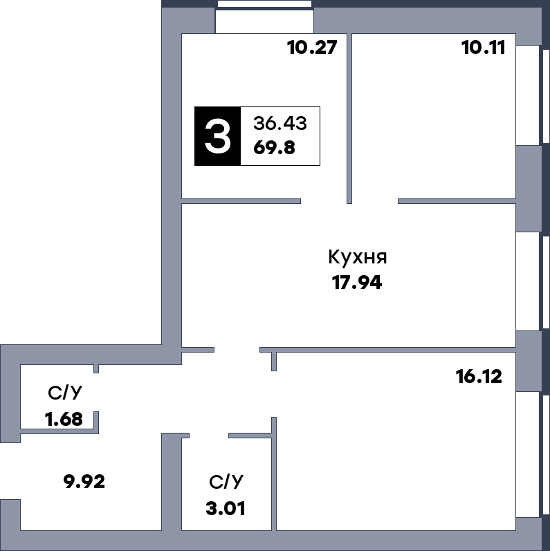 3 комнатная квартира, №13, этаж 3