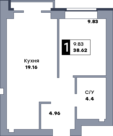 1 комнатная квартира, №19, этаж 3