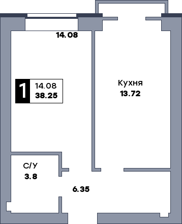 1 комнатная квартира, №164, этаж 8