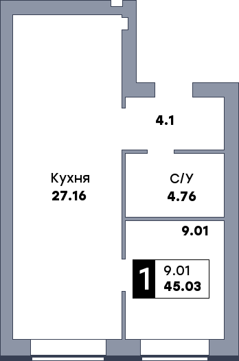 1 комнатная квартира, №261, этаж 9