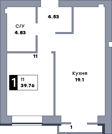 1 комнатная квартира, №302, этаж 4