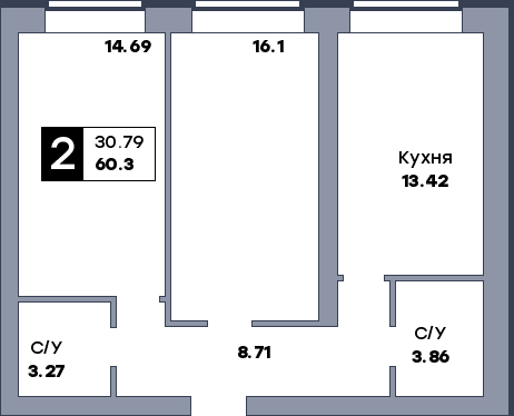 2 комнатная квартира, №206, этаж 1