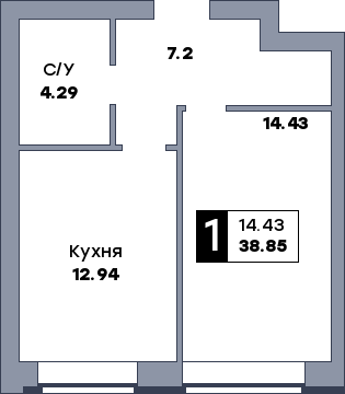 1 комнатная квартира, №210, этаж 1