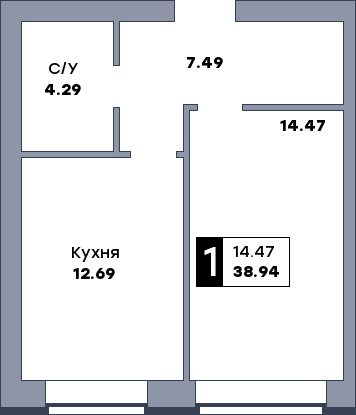 1 комнатная квартира, №216, этаж 2