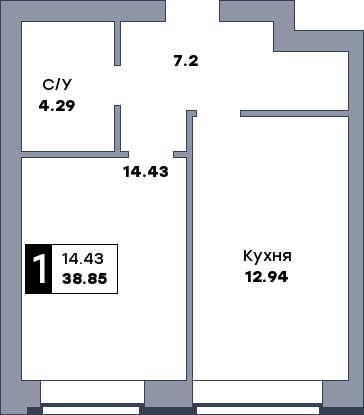 1 комнатная квартира, №218, этаж 2