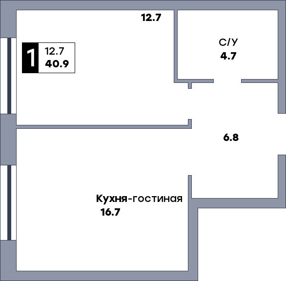 1 комнатная квартира, №8, этаж 2