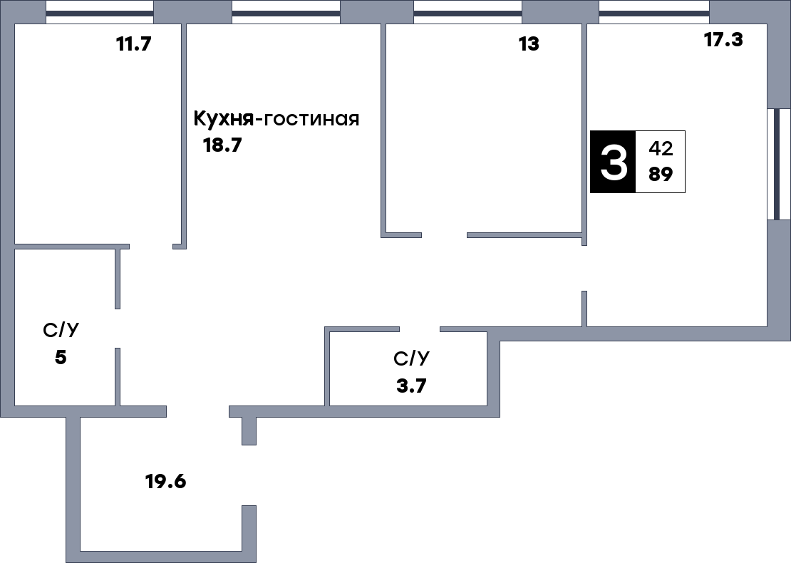 3 комнатная квартира, №187, этаж 2