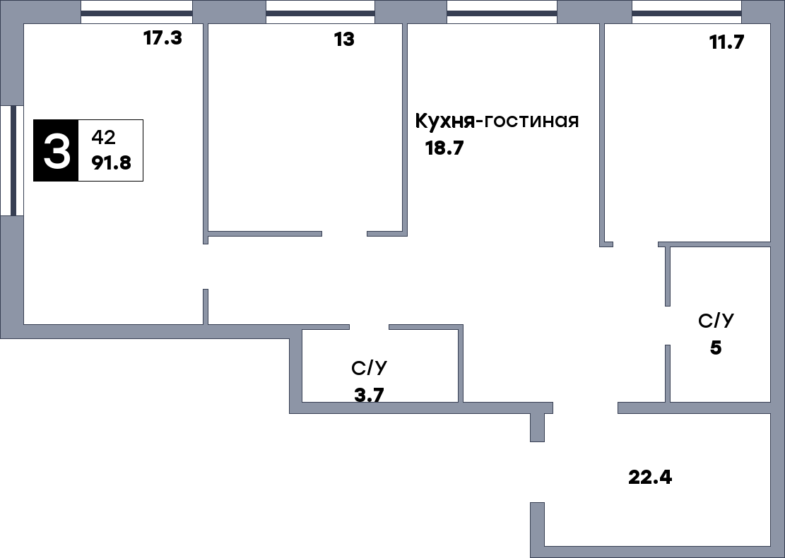 3 комнатная квартира, №402, этаж 1