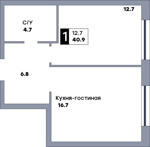 1 комнатная квартира, №405, этаж 2