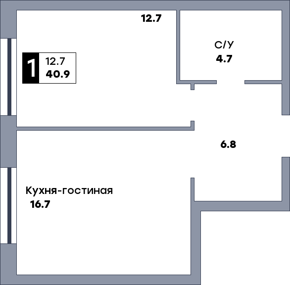 1 комнатная квартира, №410, этаж 2