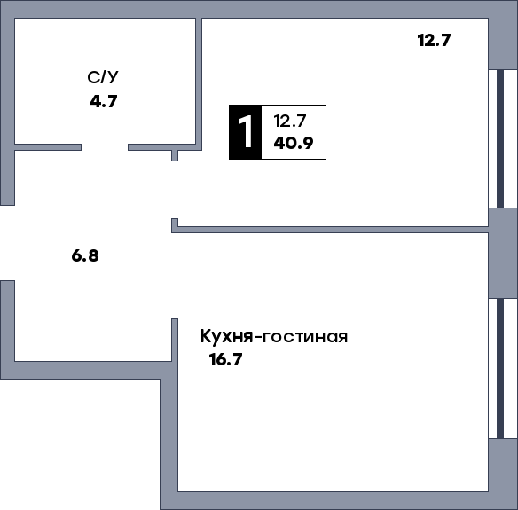 1 комнатная квартира, №585, этаж 1