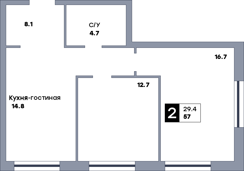 2 комнатная квартира, №586, этаж 1