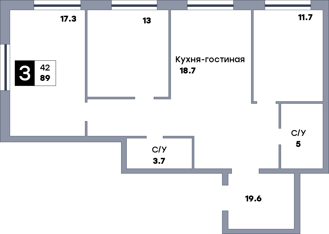 3 комнатная квартира, №590, этаж 1